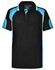 A black polo shirt with blue accents and a collar, featuring a three-button placket and a logo.