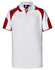 A white polo shirt featuring red accents on the sleeves and collar. It has a logo on the front.