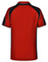 A red polo shirt with black accents, featuring a logo on the back and a classic collar design.
