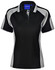 A ladies' polo shirt in black with grey accents and a branded label on the collar.