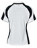 A white ladies' polo shirt with black accents and a logo on the back.