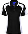 A black and white polo shirt featuring a collar and short sleeves, with a logo on the front.