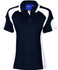 A navy and white polo shirt with short sleeves and a collar, featuring a branding logo.