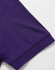 A purple polo shirt sleeve featuring a ribbed cuff and a logo. The fabric appears smooth and breathable.