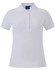 A ladies' polo shirt in white with a contrasting collar, featuring a logo.