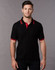 A black polo shirt with red collar and sleeve stripes, featuring a logo on the chest.