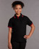 A black kids' polo shirt featuring red collar and sleeve trims, displaying a logo.