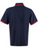 A navy polo shirt with red trim on the collar and sleeves, featuring a logo on the front.