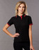 A black polo shirt with red collar and sleeve stripes, featuring a logo on the chest.