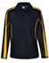 A black long sleeve polo shirt with yellow side accents and a logo on the chest.