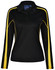 A black long sleeve polo shirt featuring yellow accent stripes and a logo on the chest.