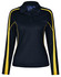 A black long sleeve polo shirt with yellow accents and a logo on the chest.