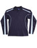 A long sleeve polo shirt in navy blue with light blue side stripes and a collar. The shirt features a logo.