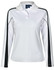 A white long sleeve polo shirt with black side accents and a collar, featuring a logo on the chest area.