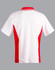 A polo shirt featuring a white body with red contrast side panels. It has a collar and a branding logo.