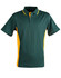 A dark green polo shirt featuring contrasting yellow side panels and a collar. It has a logo on the chest.
