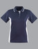A ladies' polo shirt featuring a navy body with white contrast panels, short sleeves, and a collar.