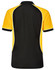 A polo shirt featuring a tri-colour design in black, yellow, and white, with a logo on the back.