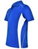 A blue polo shirt with white contrast panels, featuring a collar and three buttons. It includes a logo on the chest.