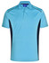 A light blue polo shirt with dark navy accents and a branded logo on the collar.