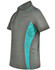 A grey polo shirt featuring teal contrast panels and a logo. Made from Cooldry fabric with short sleeves.