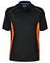 A black polo shirt with orange contrast panels, featuring a collar and button placket. It has a logo on the label.