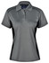 A grey ladies' polo shirt with contrast black sides and a collar, featuring a logo on the chest.