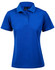 A blue ladies' polo shirt with short sleeves and a collar, featuring a logo on the upper left.