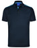 A dark navy short sleeve polo shirt with contrast light blue stripes and a logo on the chest.