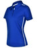 A blue ladies' polo shirt with short sleeves and white contrast stripes, featuring a collar and a logo.