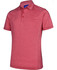 A red short sleeve polo shirt featuring a subtle texture and contrasting trim, with a collar and three buttons.