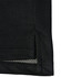 A black polo shirt featuring a textured fabric and side slit detail, also has a logo on it.