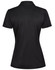 A black women's polo shirt featuring a collar and a logo on the back.
