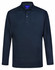A navy long-sleeve polo shirt featuring a collar and buttons, with a logo on the chest.