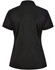 A black ladies' polo shirt with short sleeves, featuring a collar and a logo on the back.