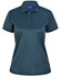 A dark teal polo shirt with a collar, short sleeves, and a three-button placket. It features a branding logo.
