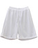 White kid's basketball shorts with a breathable mesh fabric and an elastic waistband. Features a logo.