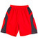 Red adults' basketball shorts with black side panels and an elastic waistband, featuring a logo.