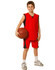 A young boy wearing red basketball shorts and a matching jersey, holding a basketball. The outfit has a logo.