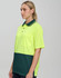 A high-visibility short-sleeve polo shirt in bright yellow and dark green, featuring a pocket and a logo.
