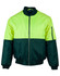 A hi-vis two-tone flying jacket in bright yellow and dark green with zippered pockets and a logo.
