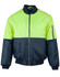 A Hi-Vis two-tone flying jacket in fluorescent yellow and navy blue with a zip pocket and a logo.