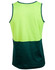 A high-visibility safety singlet featuring a bright yellow front and dark green back, with a logo on it.