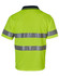 A bright yellow safety polo shirt featuring reflective silver stripes on the back. It includes a collar and branding.
