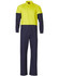 A Hi-Vis two-tone men's cotton drill coverall in bright yellow and navy blue, featuring two front pockets and a logo.