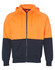 A Hi-Vis two-tone fleecy hoodie featuring an orange upper and navy lower, with a front zipper and hood.