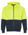 A Hi-Vis two-tone fleecy hoodie in fluorescent yellow and navy blue, featuring a hood and a front zipper.