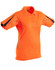 A bright orange short-sleeve polo shirt with black accents and a logo. Ideal for workwear use.
