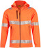 A bright orange hooded softshell jacket featuring reflective strips and a logo. Suitable for workwear and visibility.