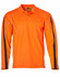 A long-sleeve high-visibility polo shirt in bright orange with black accents and a pocket. Features a logo.